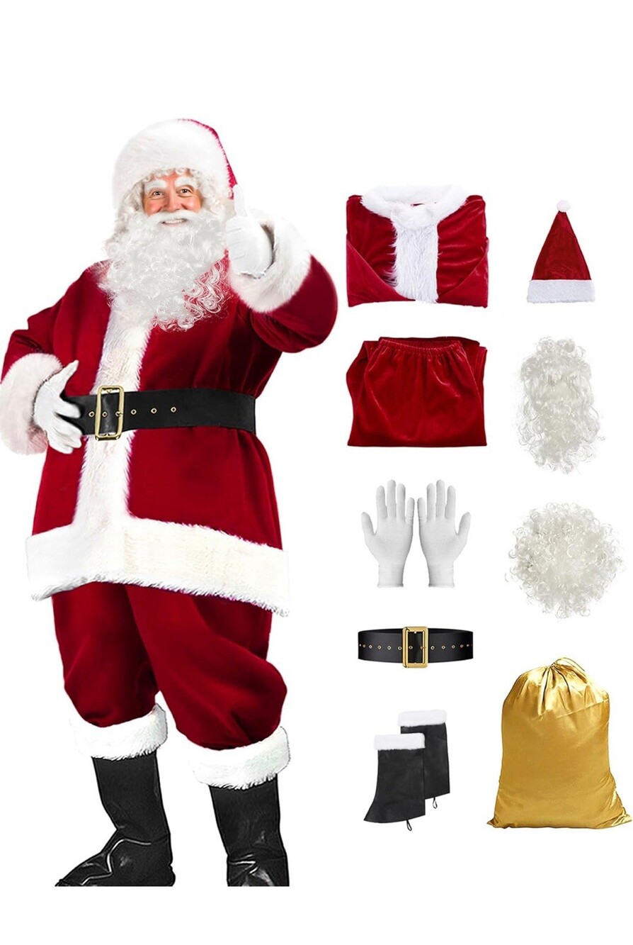 Santa Claus Costume for Men Women Adult - 9pc. Deluxe Costume Santa Suit Outfit